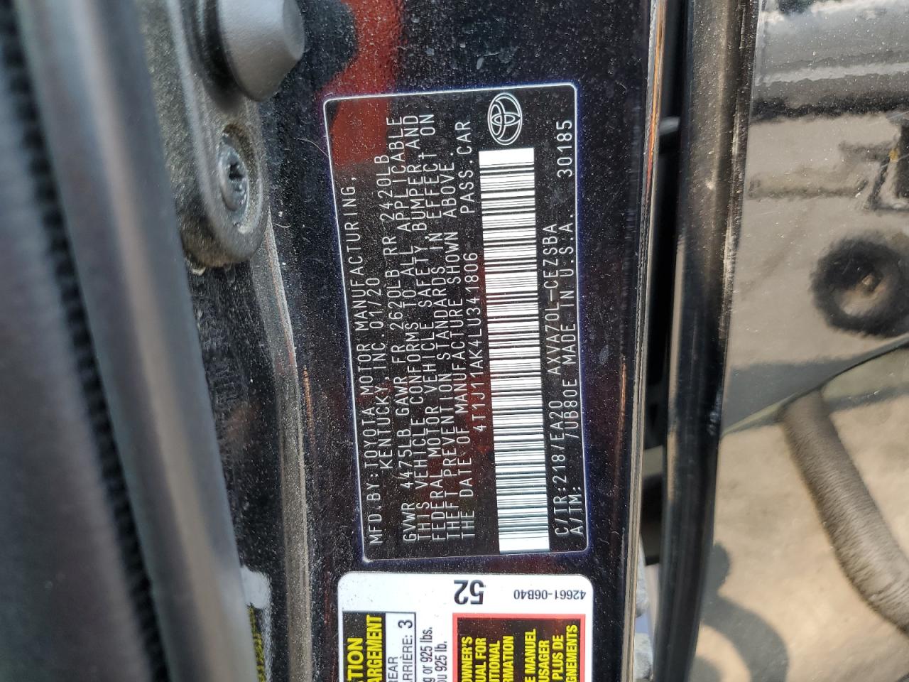 2020 Toyota Camry Se VIN: 4T1J11AK4LU341806 Lot: 63259055