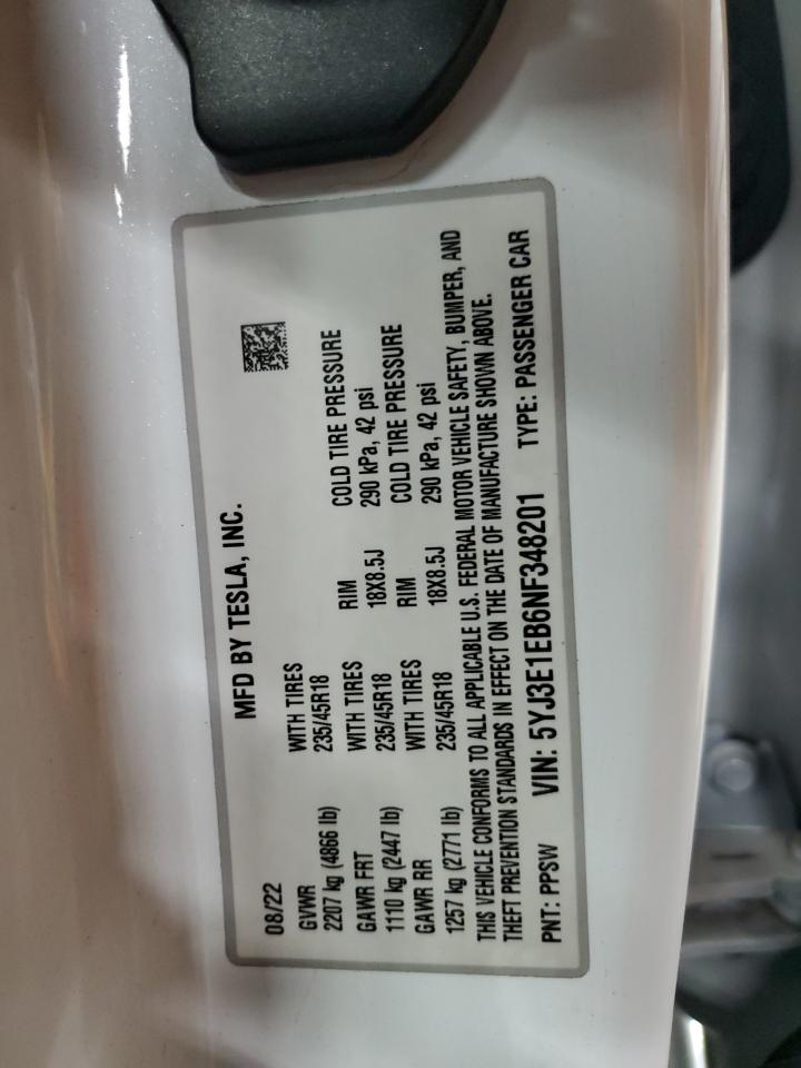 2022 Tesla Model 3 VIN: 5YJ3E1EB6NF348201 Lot: 63645865