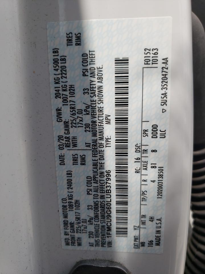 2020 Ford Escape Se VIN: 1FMCU9G60LUB37996 Lot: 65444465