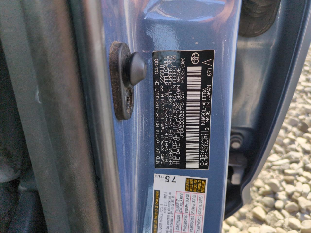 2008 Toyota Prius VIN: JTDKB20U387781357 Lot: 63868435