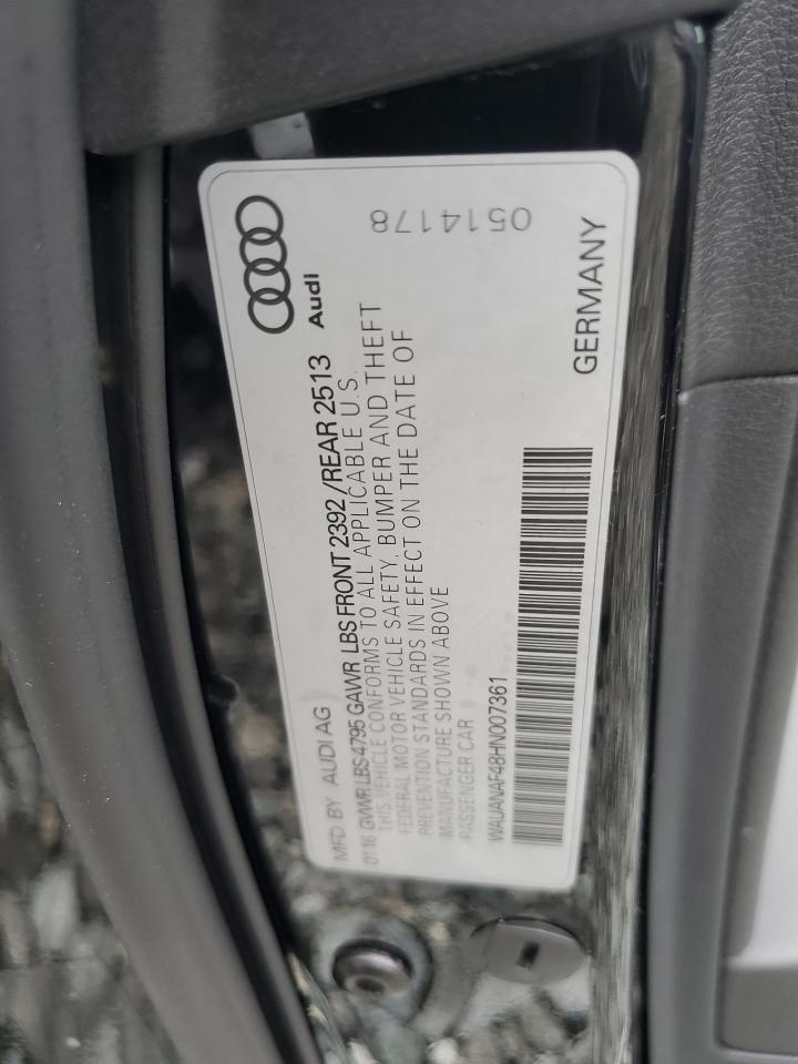 2017 Audi A4 Premium VIN: WAUANAF48HN007361 Lot: 63499225