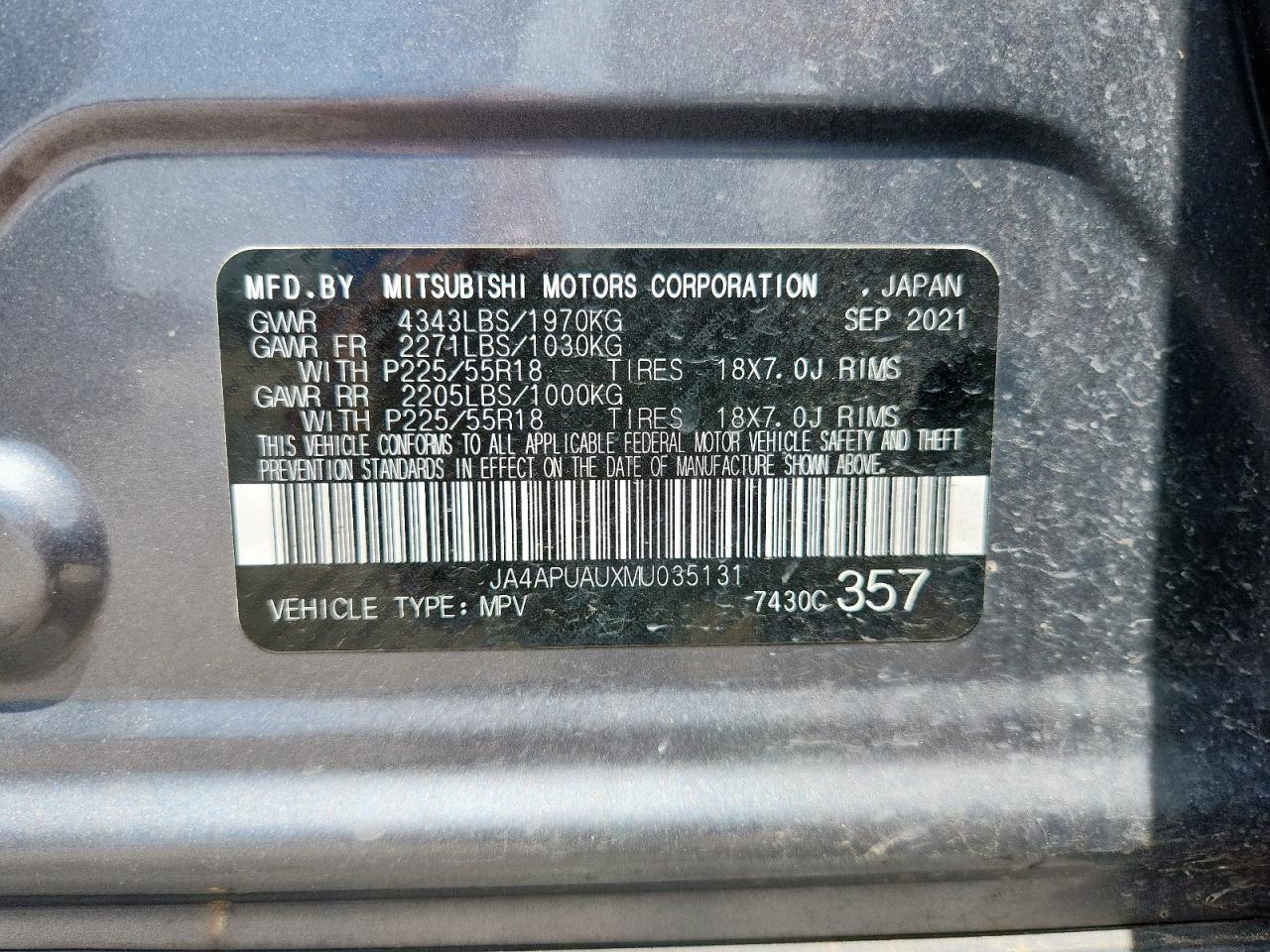 2021 Mitsubishi Outlander Sport Es VIN: JA4APUAUXMU035131 Lot: 64799845