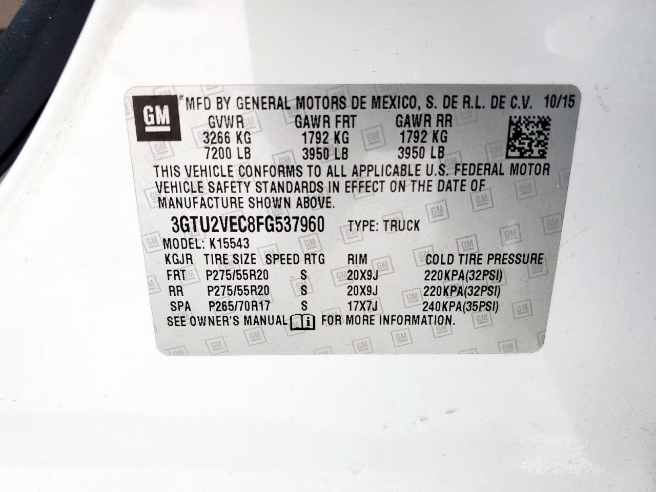 2015 GMC Sierra K1500 Slt VIN: 3GTU2VEC8FG537960 Lot: 64679225