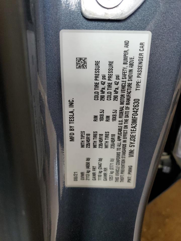 2021 Tesla Model 3 VIN: 5YJ3E1EA3MF042630 Lot: 64667585