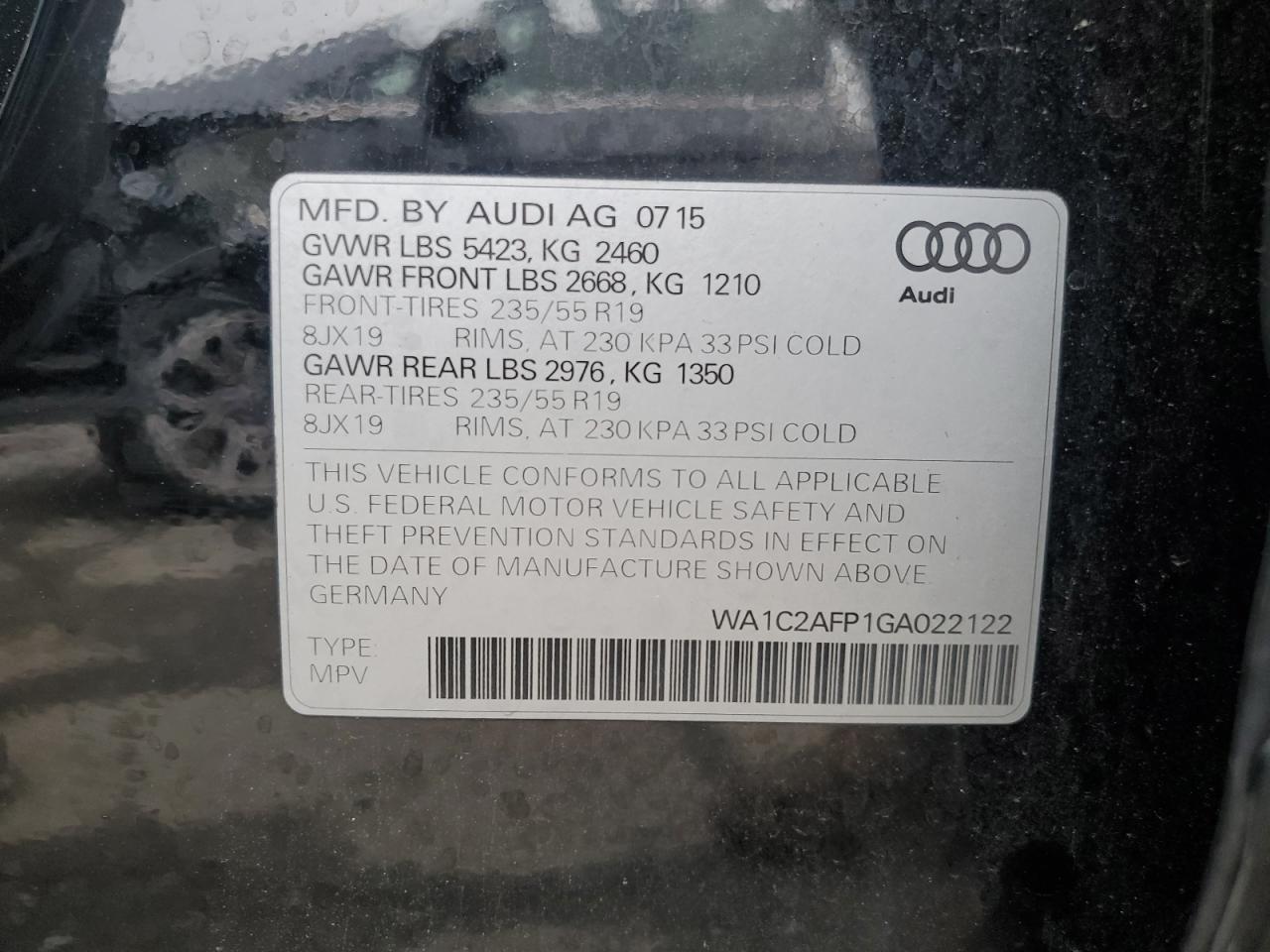 2016 Audi Q5 Premium VIN: WA1C2AFP1GA022122 Lot: 65021115