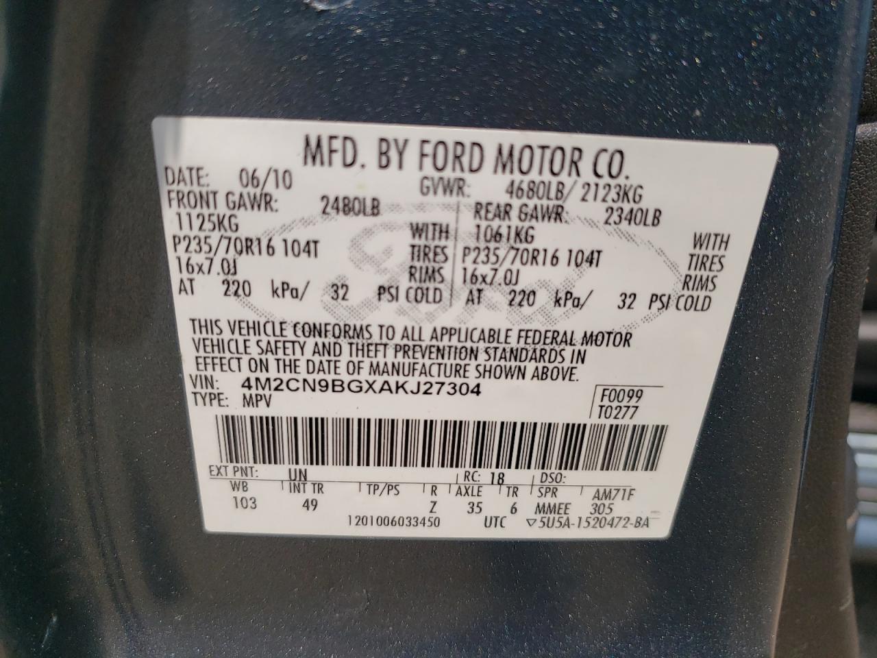 2010 Mercury Mariner VIN: 4M2CN9BGXAKJ27304 Lot: 65638325