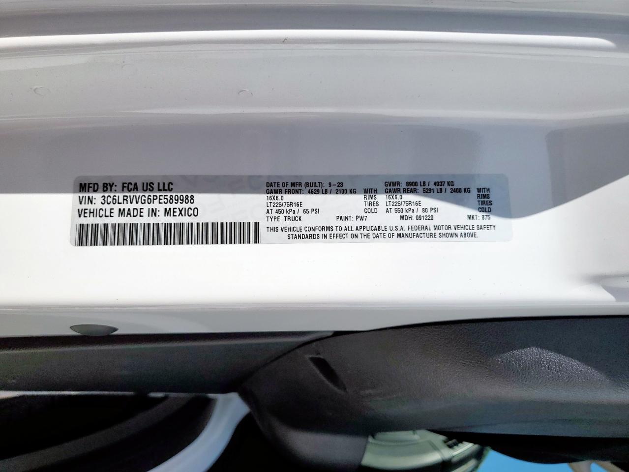 2023 Ram Promaster 2500 2500 Standard VIN: 3C6LRVVG6PE589988 Lot: 65387425
