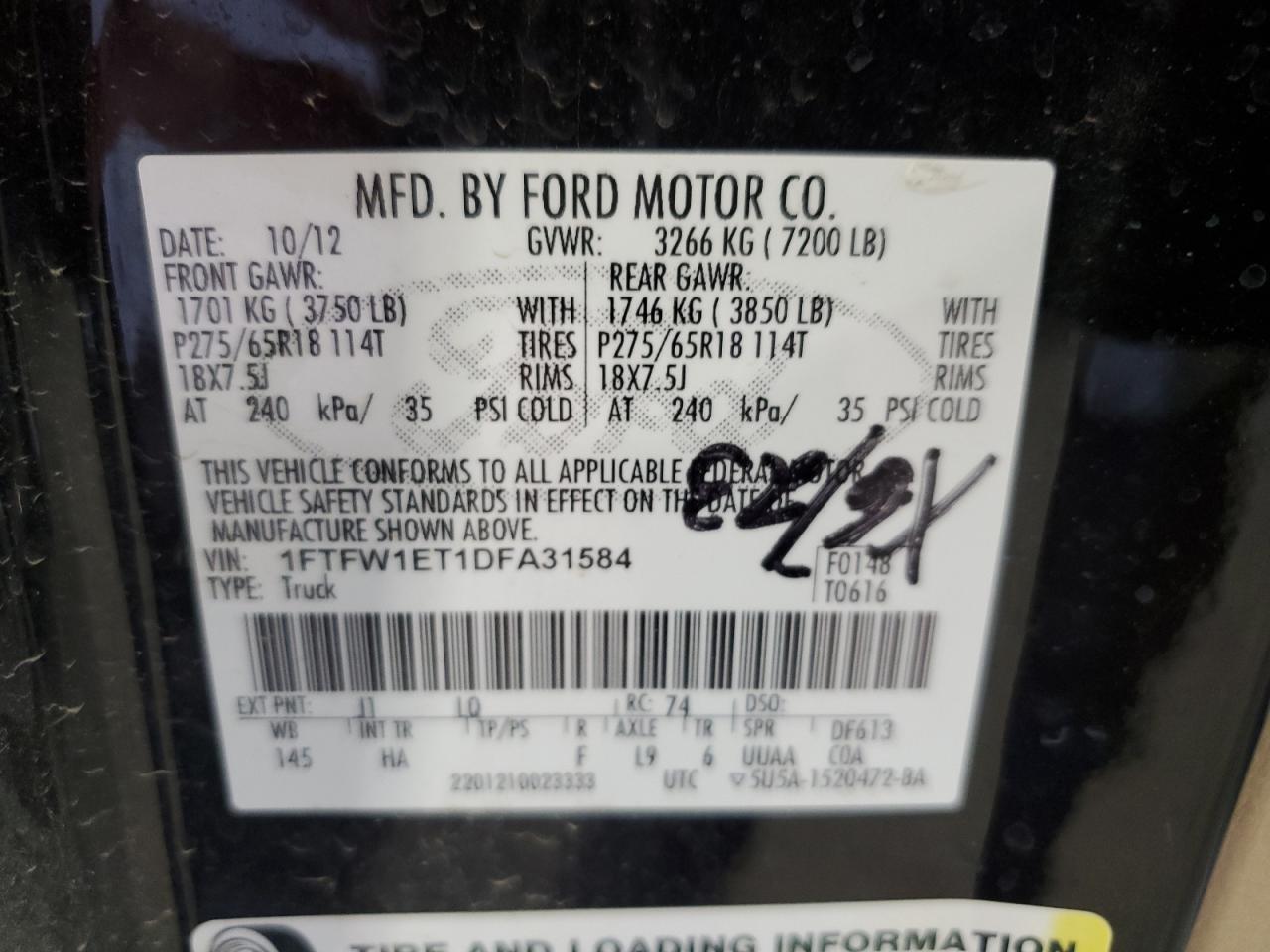 2013 Ford F150 Supercrew VIN: 1FTFW1ET1DFA31584 Lot: 66274405