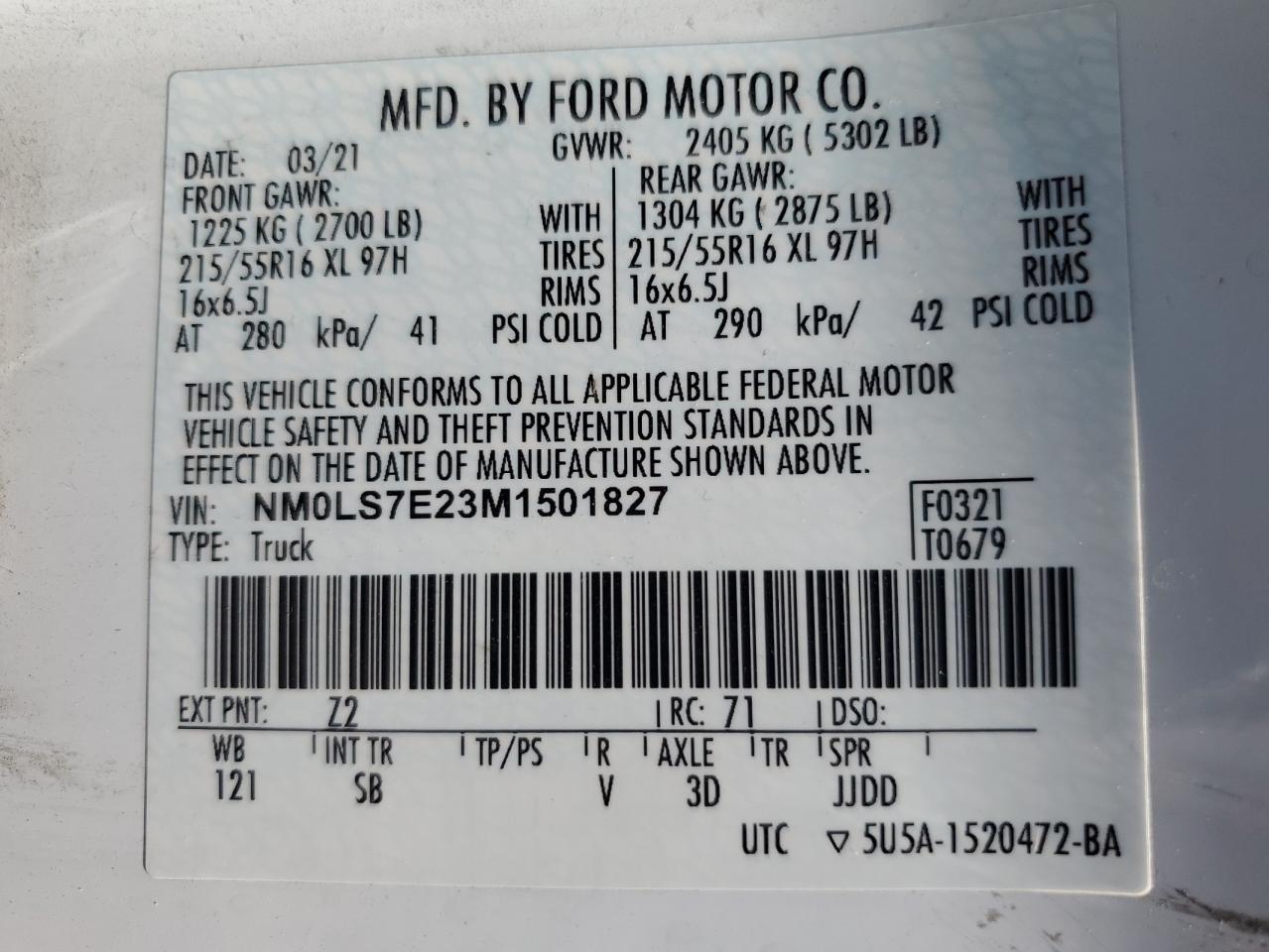 2021 Ford Transit Connect Xl VIN: NM0LS7E23M1501827 Lot: 65231125