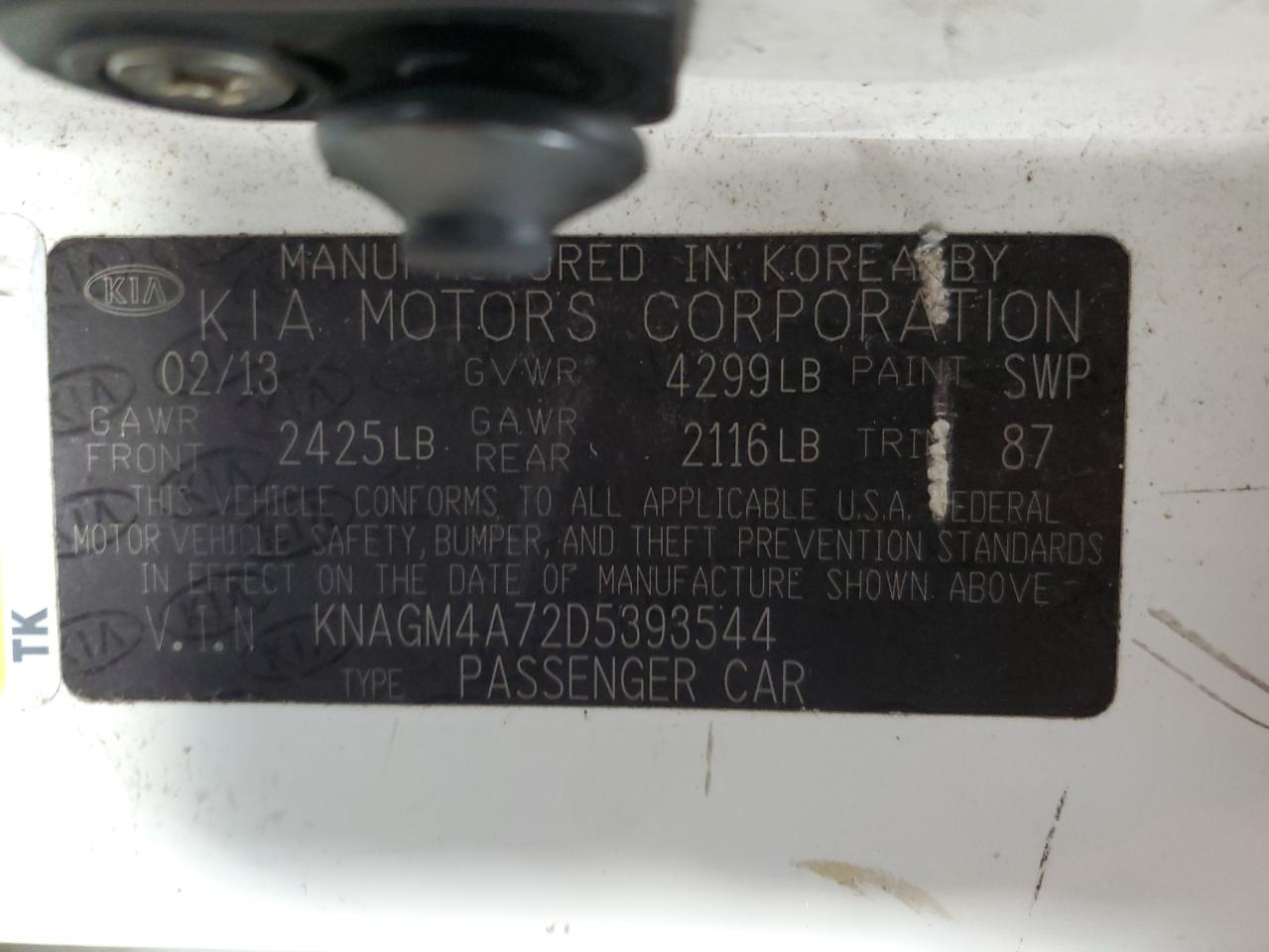 2013 Kia Optima Lx VIN: KNAGM4A72D5393544 Lot: 63114645