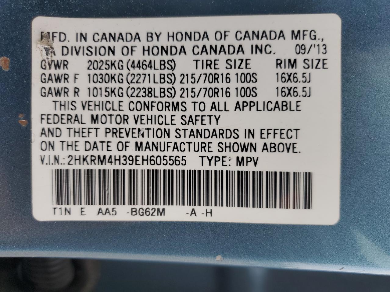 2014 Honda Cr-V Lx VIN: 2HKRM4H39EH605565 Lot: 65064515