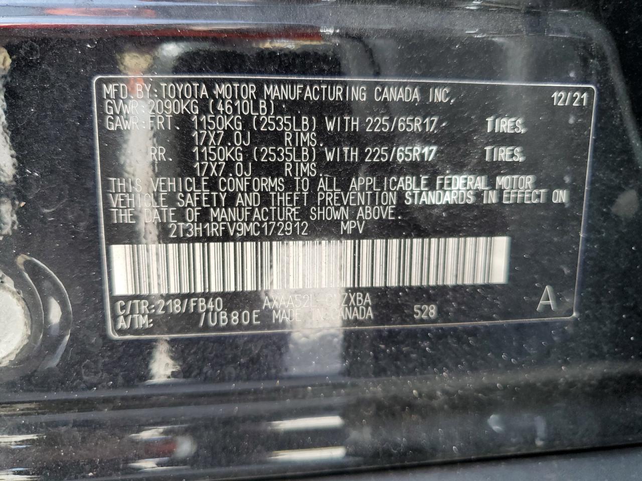 2021 Toyota Rav4 Le VIN: 2T3H1RFV9MC172912 Lot: 64648995