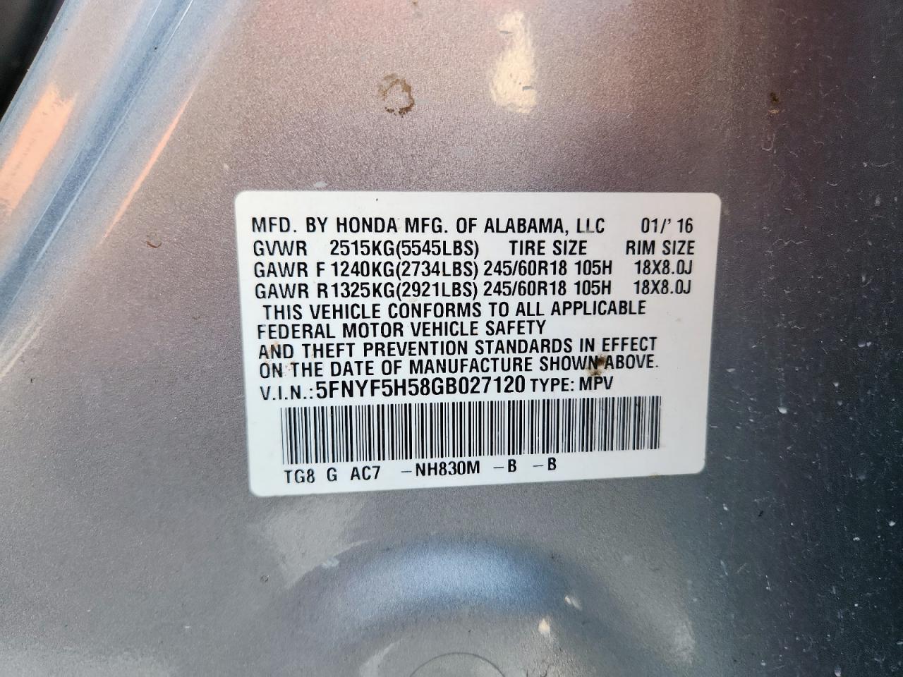 2016 Honda Pilot Exl VIN: 5FNYF5H58GB027120 Lot: 64090975