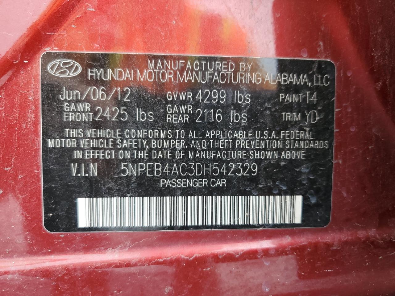 2013 Hyundai Sonata Gls VIN: 5NPEB4AC3DH542329 Lot: 63071845