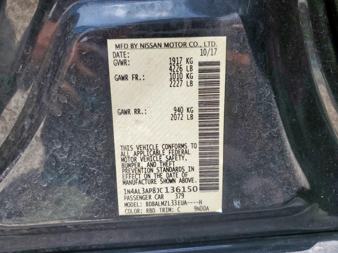 2018 Nissan Altima 2.5 VIN: 1N4AL3AP8JC136150 Lot: 62691835