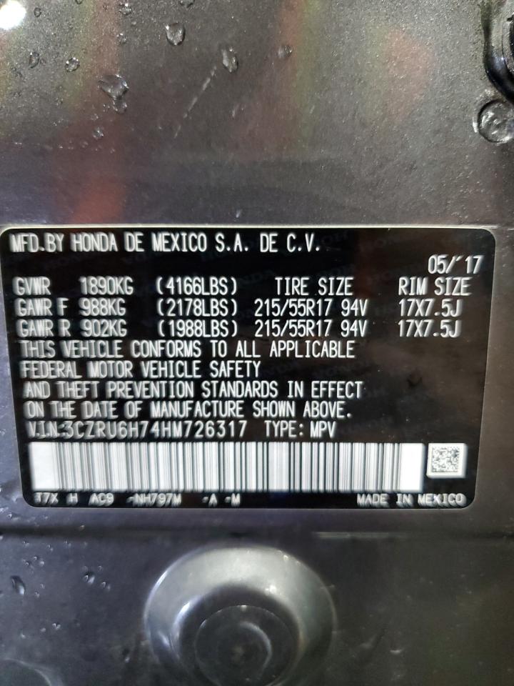 2017 Honda Hr-V Exl VIN: 3CZRU6H74HM726317 Lot: 65043625