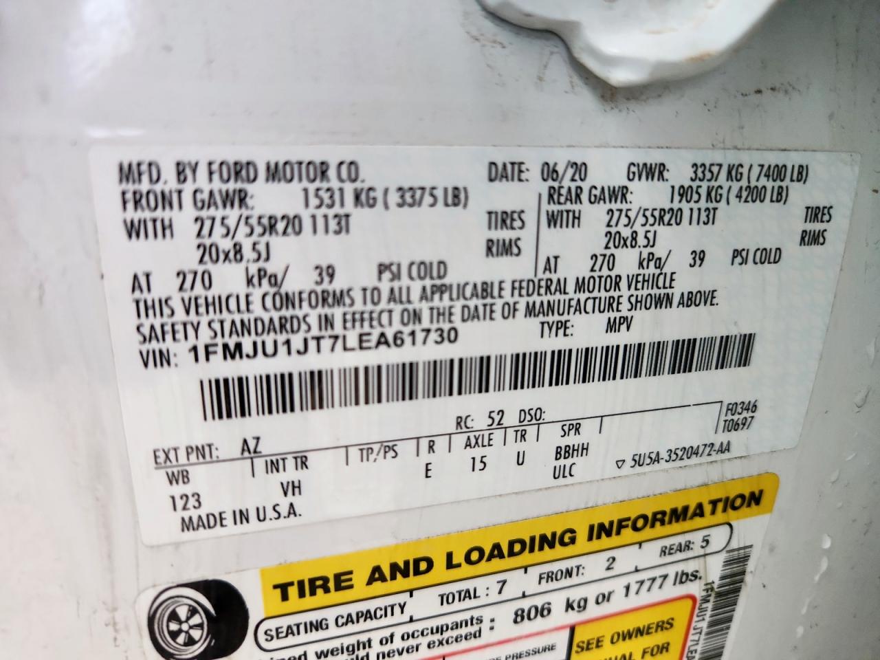 2020 Ford Expedition Xlt VIN: 1FMJU1JT7LEA61730 Lot: 62725535