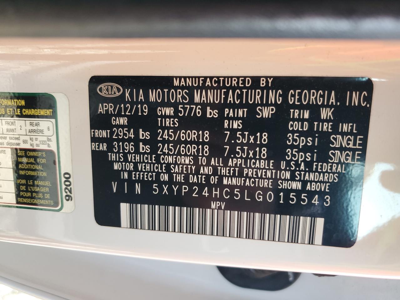 2020 Kia Telluride Lx VIN: 5XYP24HC5LG015543 Lot: 83820845