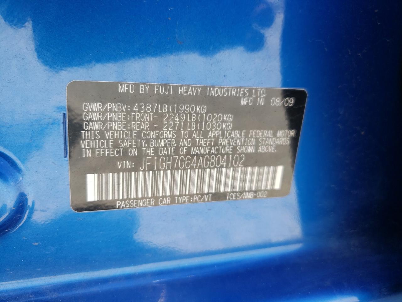 2010 Subaru Impreza Wrx Limited VIN: JF1GH7G64AG804102 Lot: 64763025