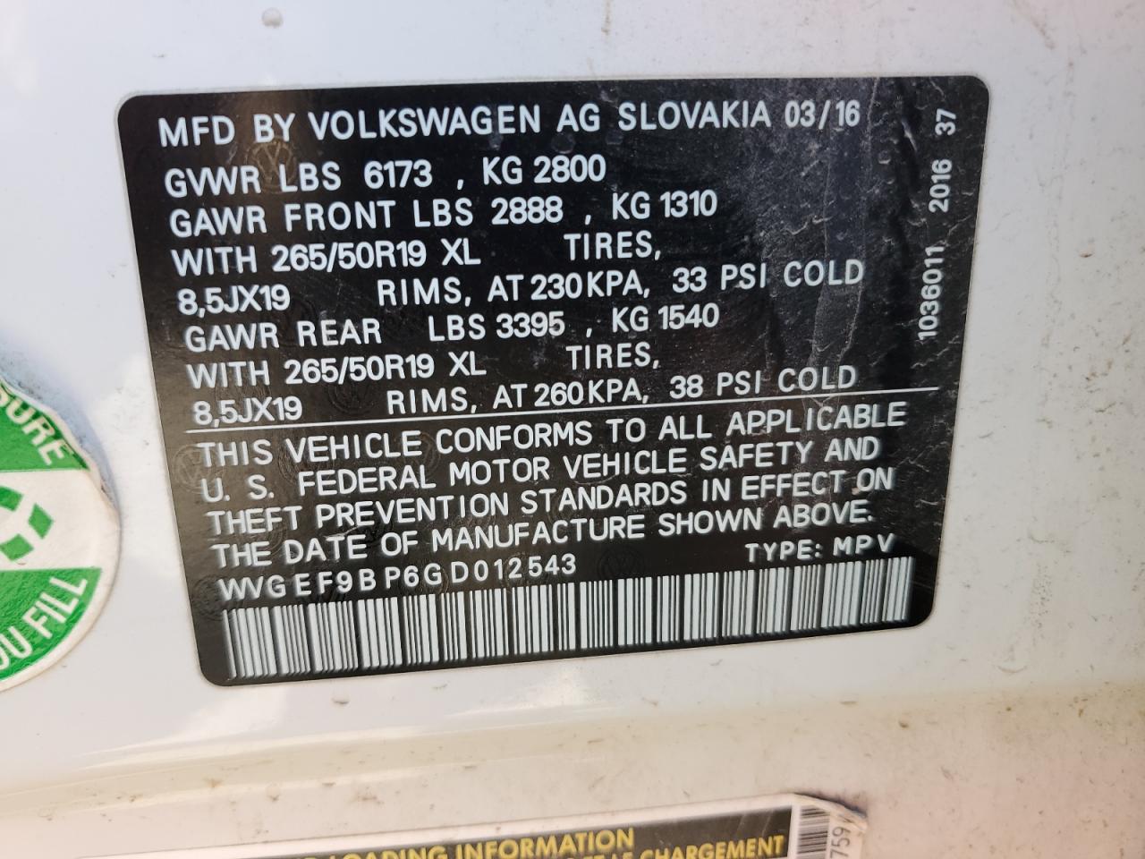 2016 Volkswagen Touareg Sport VIN: WVGEF9BP6GD012543 Lot: 63450905