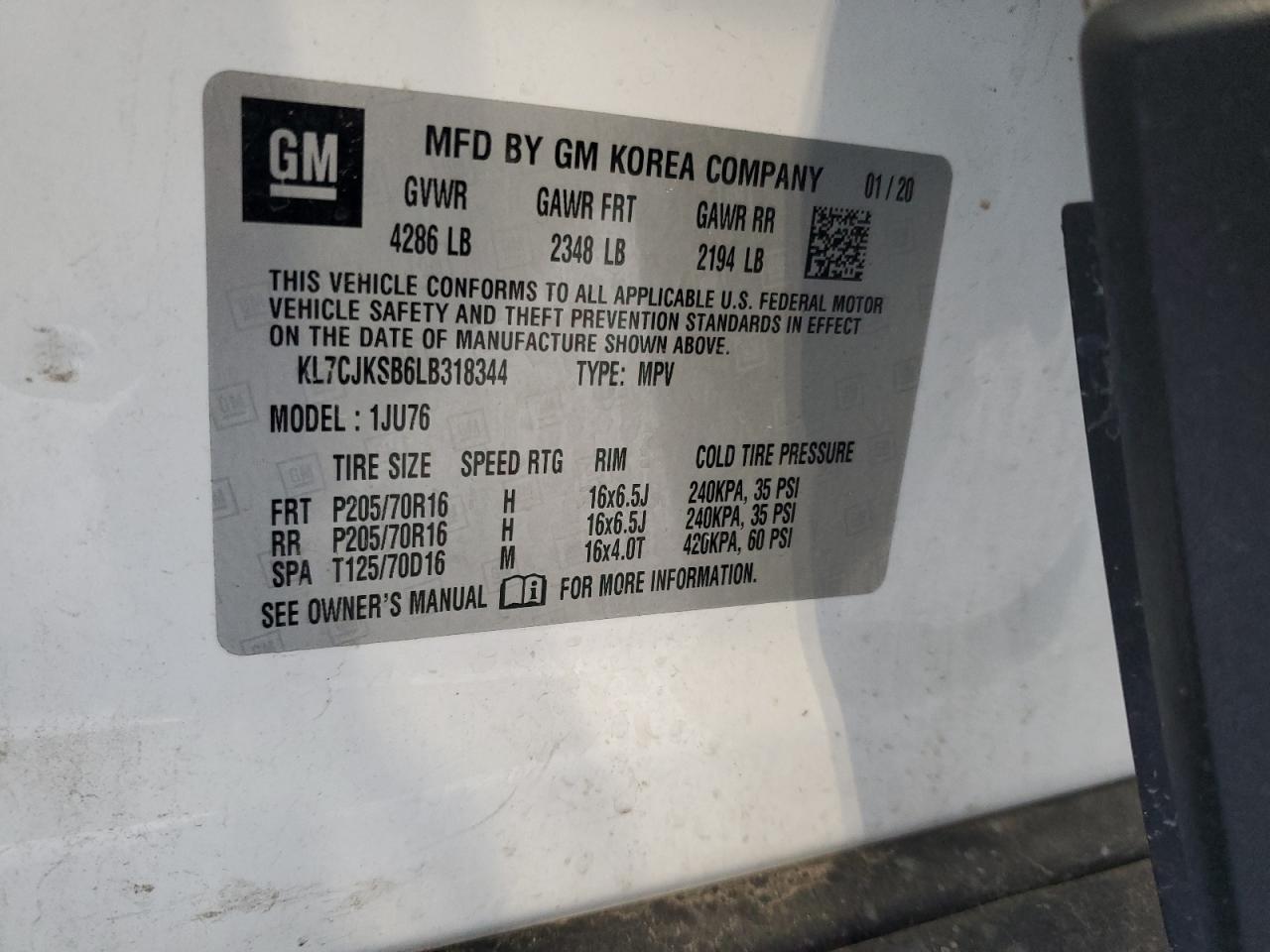 2020 Chevrolet Trax Ls VIN: KL7CJKSB6LB318344 Lot: 63796515