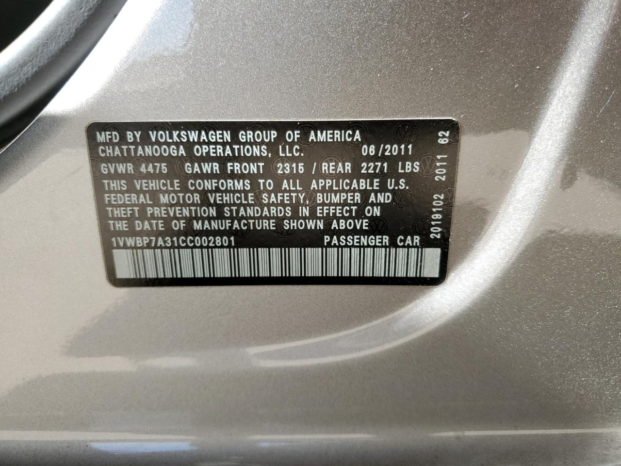 2012 Volkswagen Passat Se VIN: 1VWBP7A31CC002801 Lot: 64650275