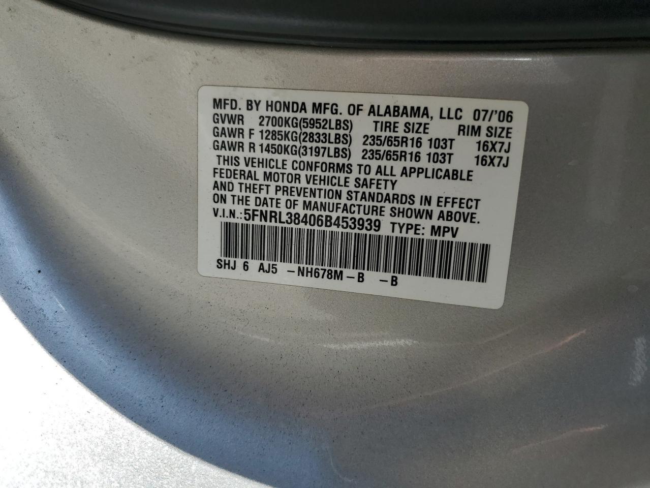 2006 Honda Odyssey Ex VIN: 5FNRL38406B453939 Lot: 62784155