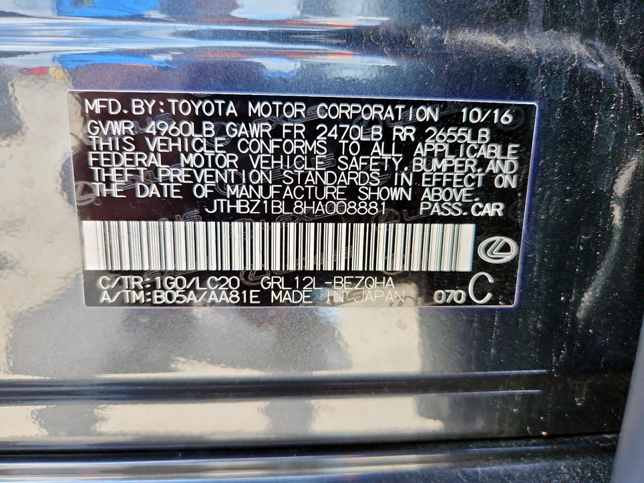 2017 Lexus Gs 350 Base VIN: JTHBZ1BL8HA008881 Lot: 64656165