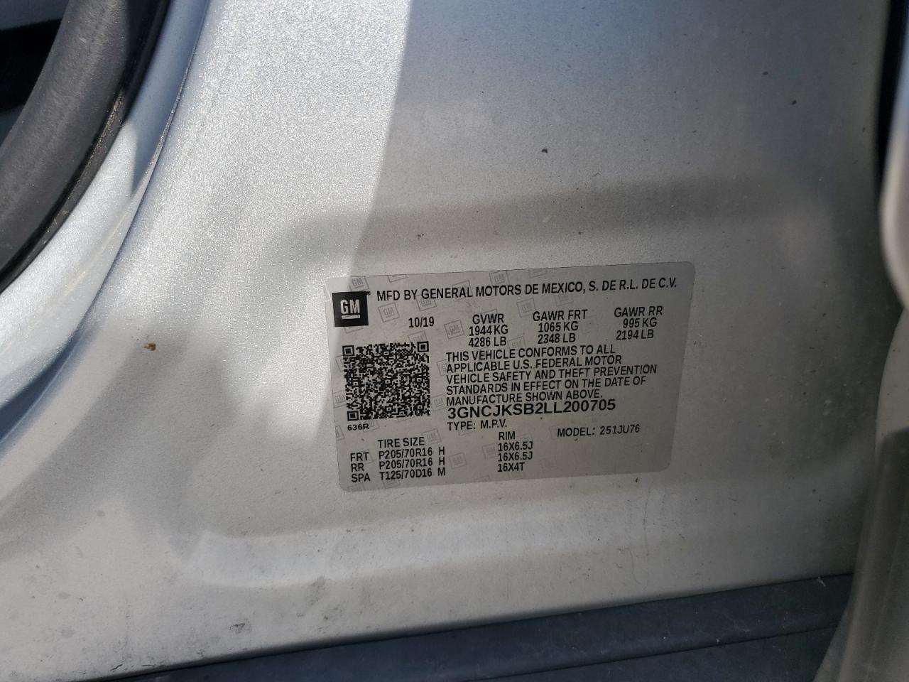 2020 Chevrolet Trax Ls VIN: 3GNCJKSB2LL200705 Lot: 65704935