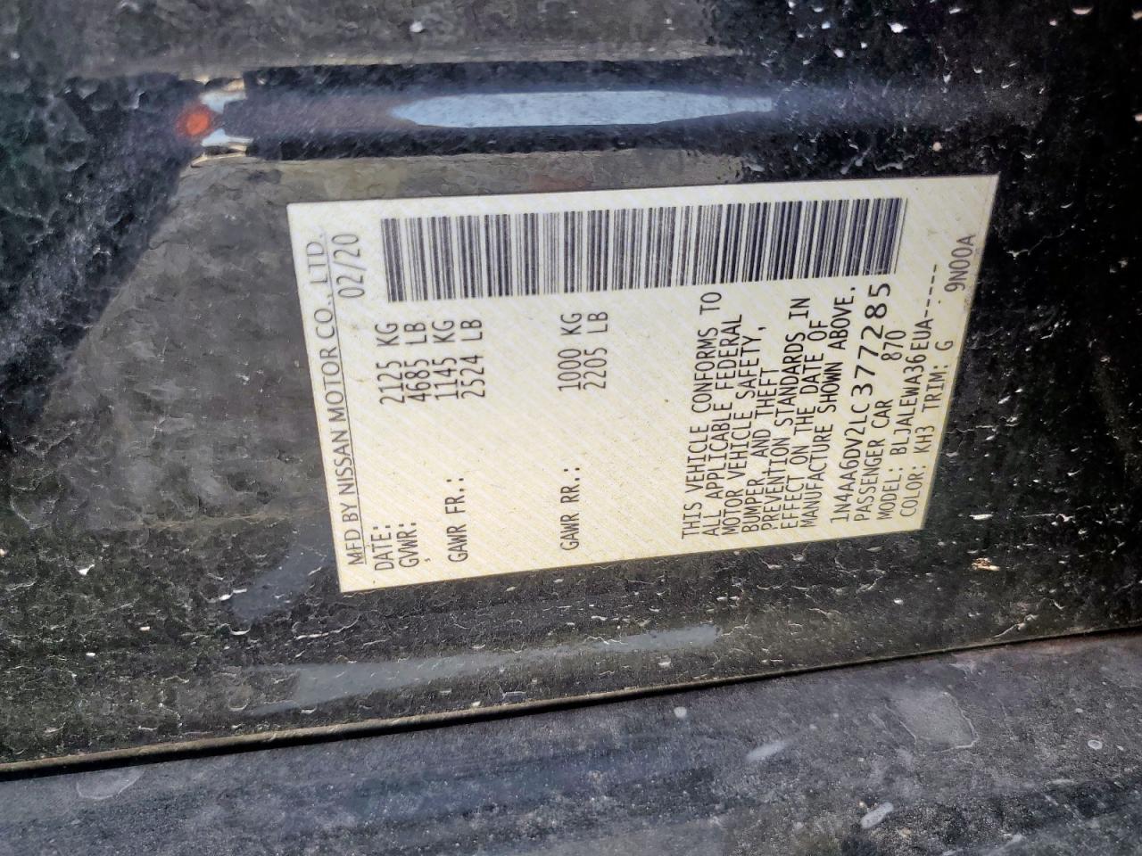 1n4aa6dv2lc377285 1N4AA6DV2LC377285 2020 Nissan Maxima Sl