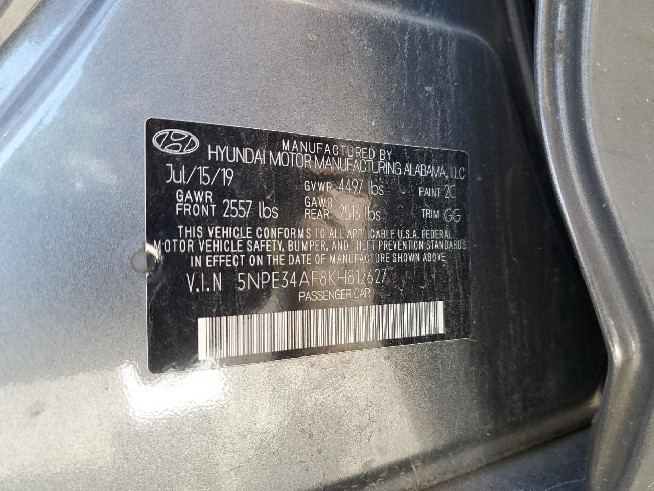 2019 Hyundai Sonata Limited VIN: 5NPE34AF8KH812627 Lot: 65398575