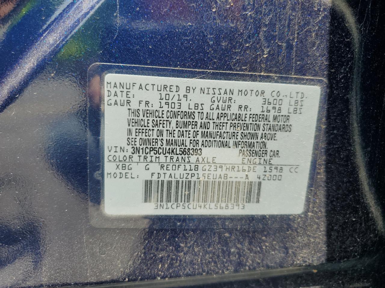 2019 Nissan Kicks S VIN: 3N1CP5CU4KL568393 Lot: 63748185