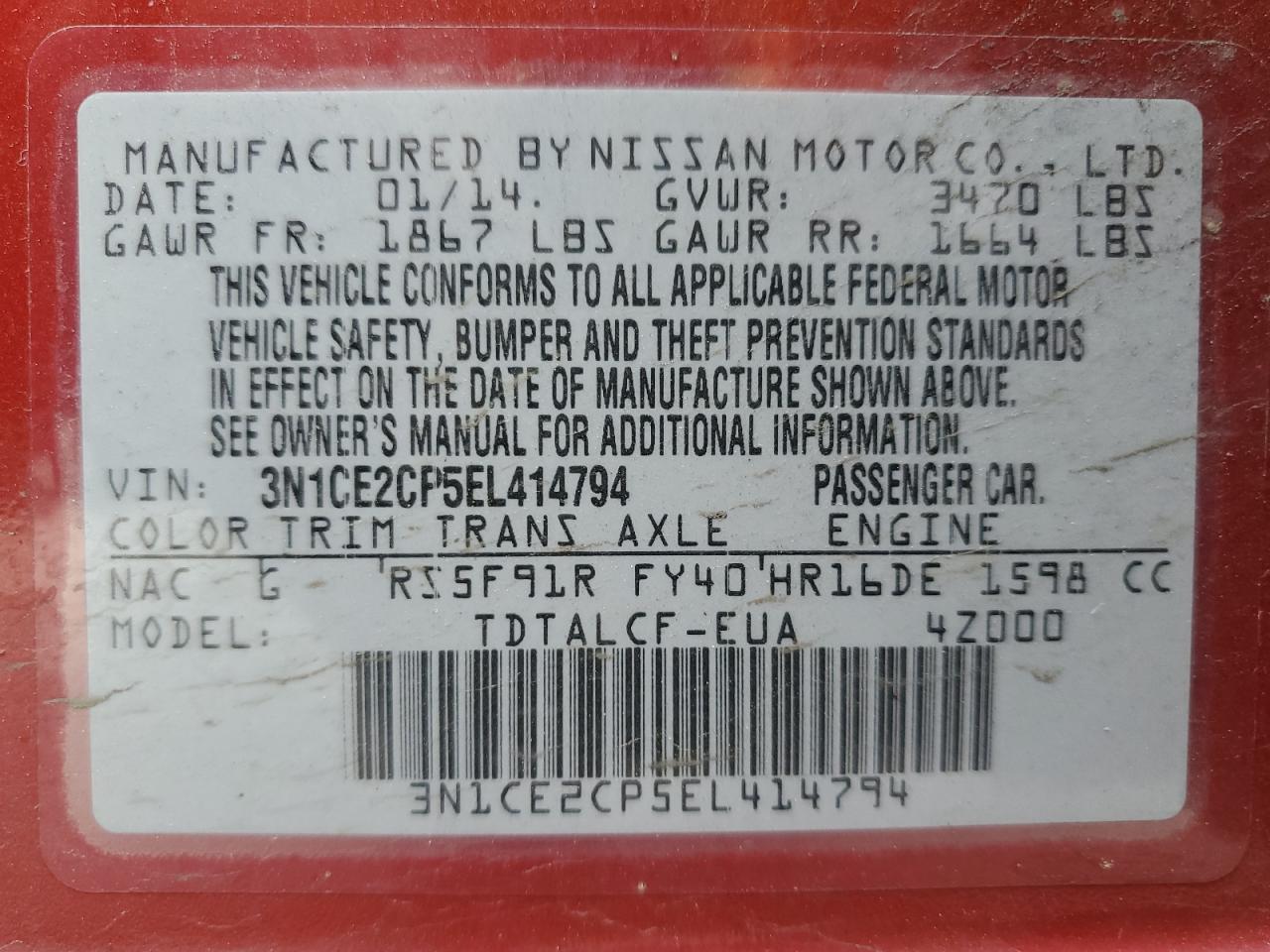 2014 Nissan Versa Note S VIN: 3N1CE2CP5EL414794 Lot: 64652015