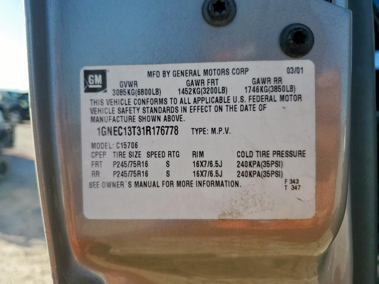 2001 Chevrolet Tahoe C1500 VIN: 1GNEC13T31R176778 Lot: 64949165