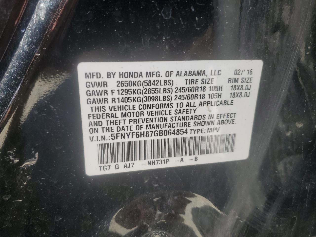 2016 Honda Pilot Exl VIN: 5FNYF6H87GB064854 Lot: 64418385