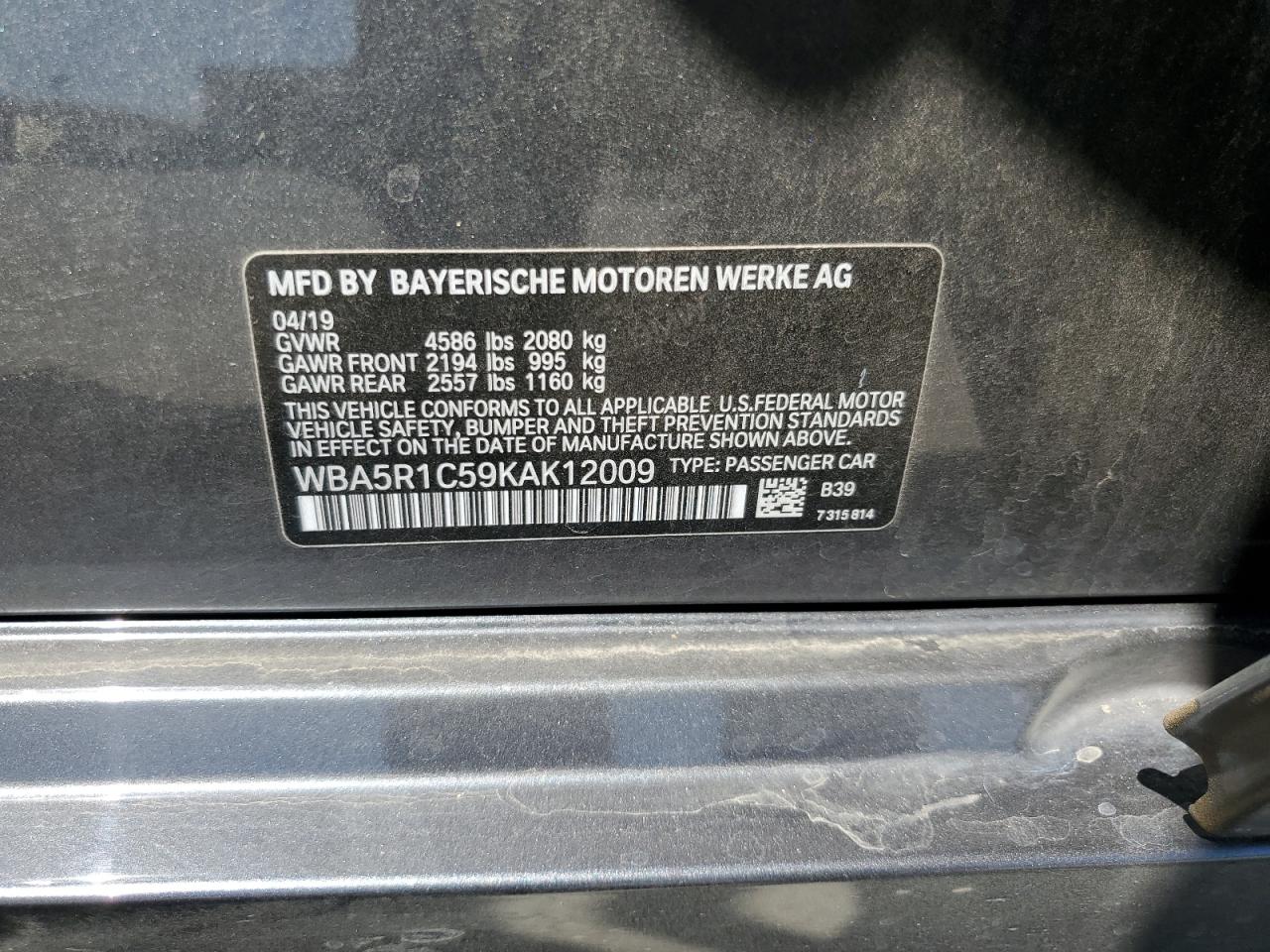 2019 BMW 330I VIN: WBA5R1C59KAK12009 Lot: 64143885