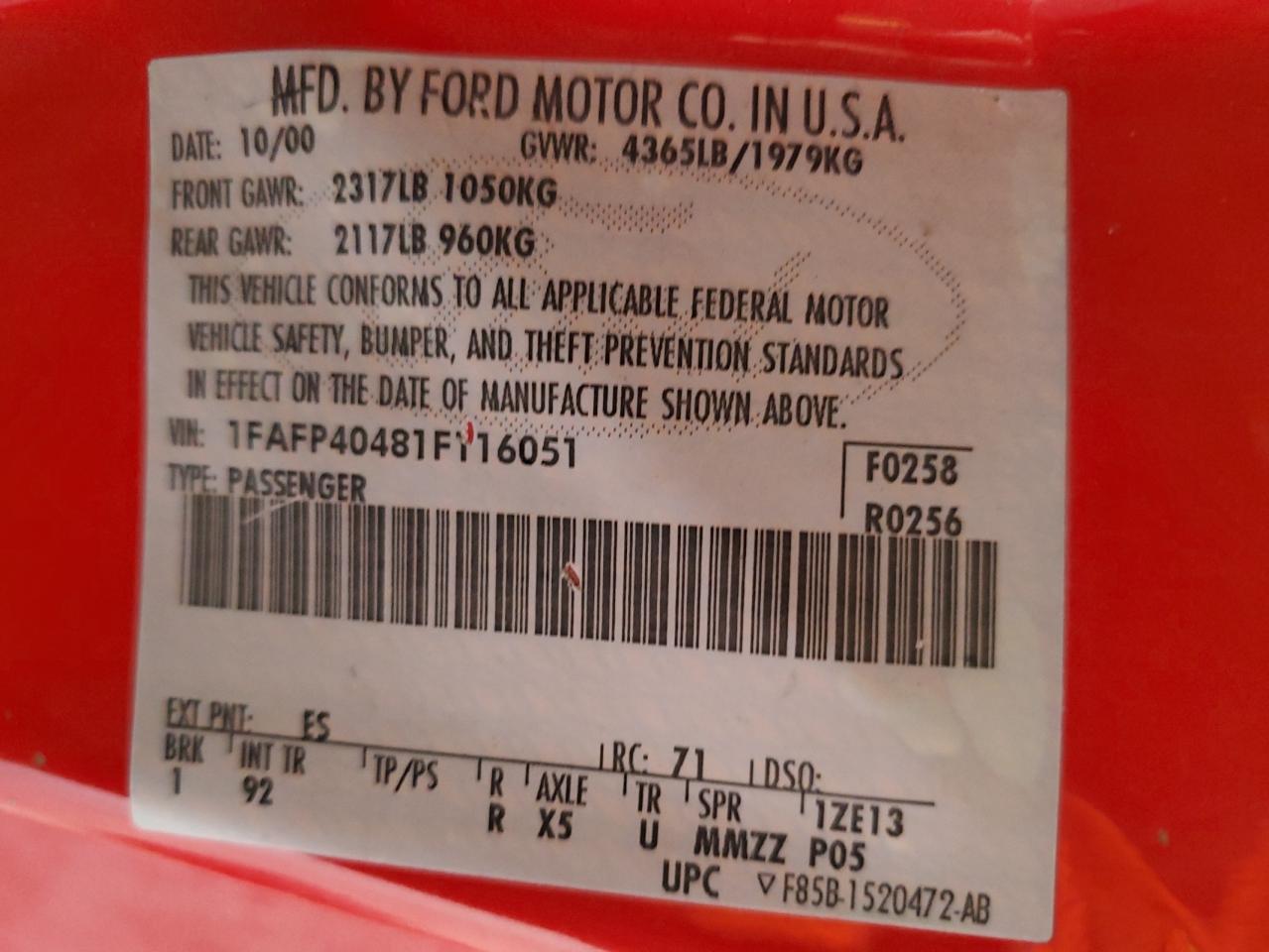 2001 Ford Mustang VIN: 1FAFP40481F116051 Lot: 63528075