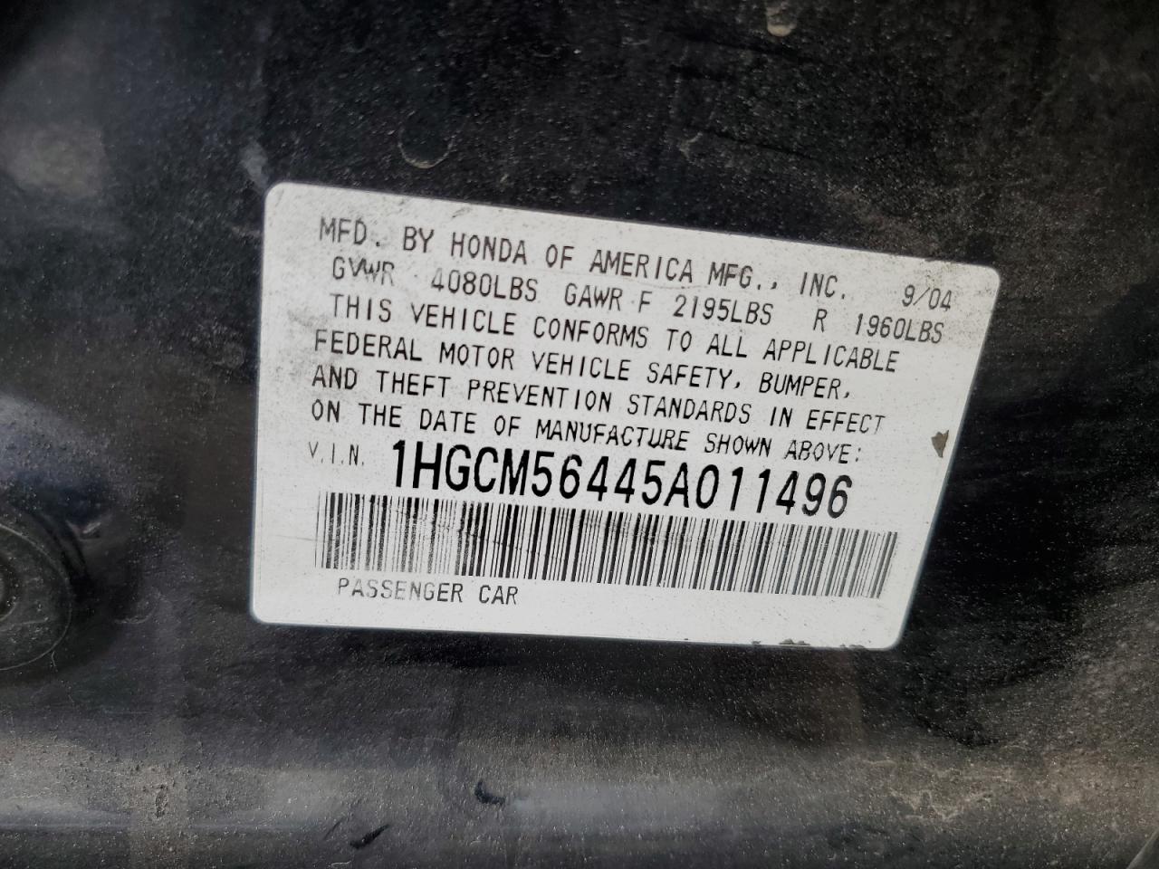 2005 Honda Accord Lx VIN: 1HGCM56445A011496 Lot: 63940125
