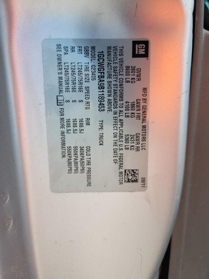 2011 Chevrolet Express G2500 VIN: 1GCWGFBA9B1189453 Lot: 65531155