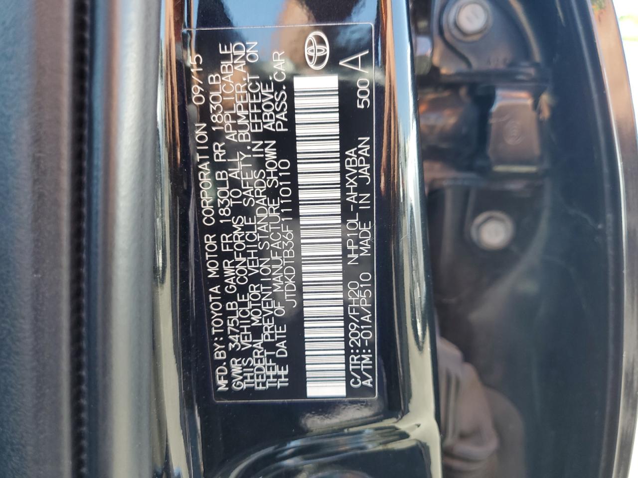 2015 Toyota Prius C VIN: JTDKDTB36F1110110 Lot: 67324845