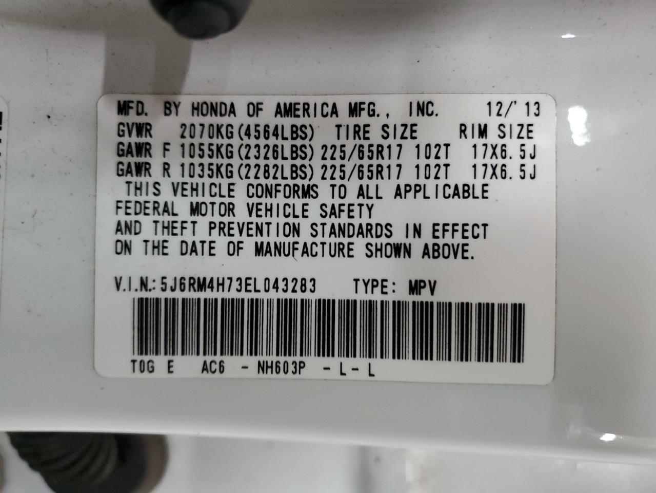 2014 Honda Cr-V Exl VIN: 5J6RM4H73EL043283 Lot: 64935335