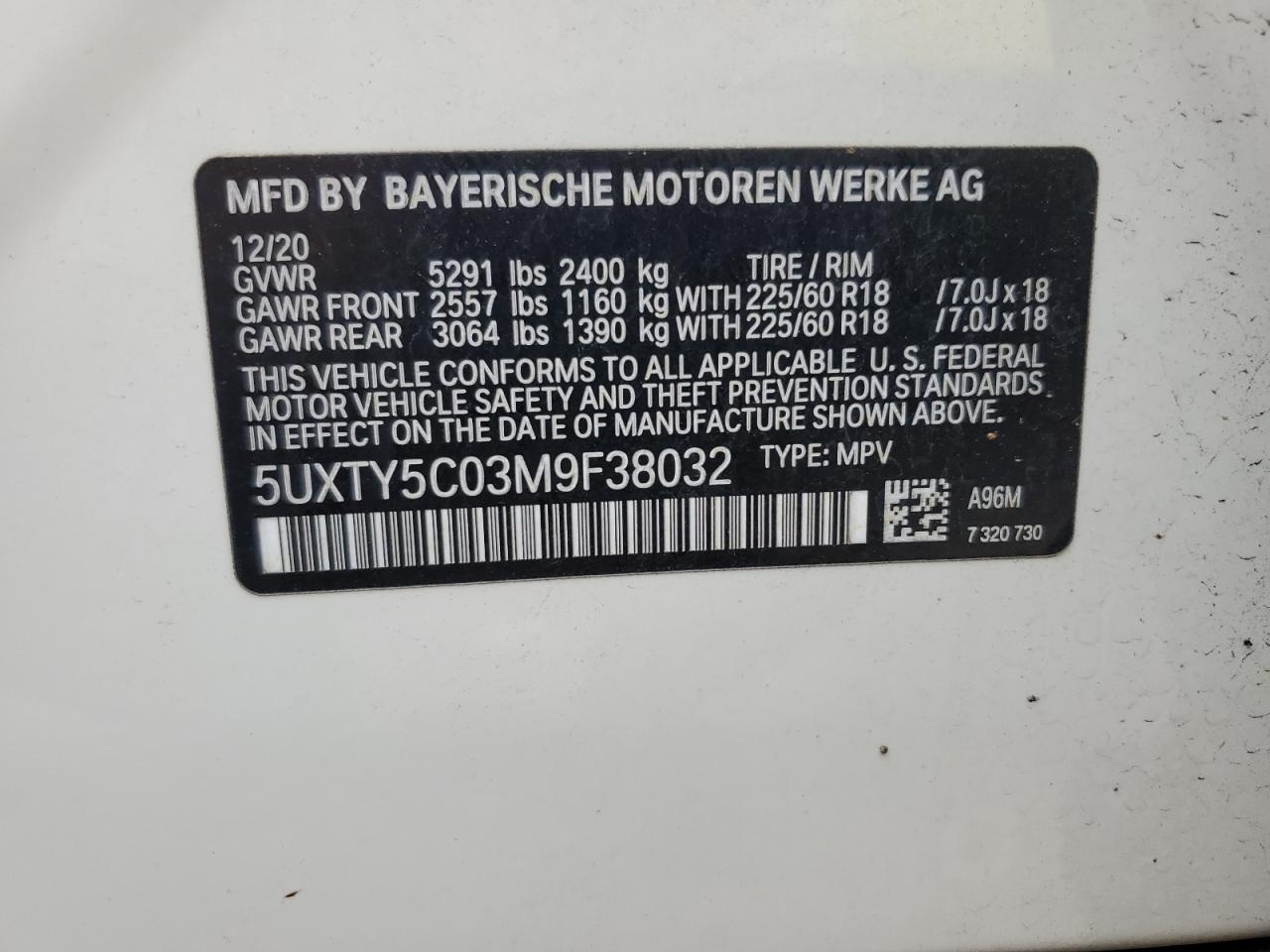 2021 BMW X3 xDrive30I VIN: 5UXTY5C03M9F38032 Lot: 64248635