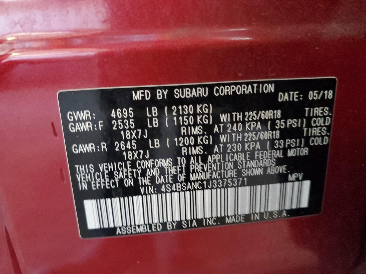 2018 Subaru Outback 2.5I Limited VIN: 4S4BSANC1J3375371 Lot: 64062545