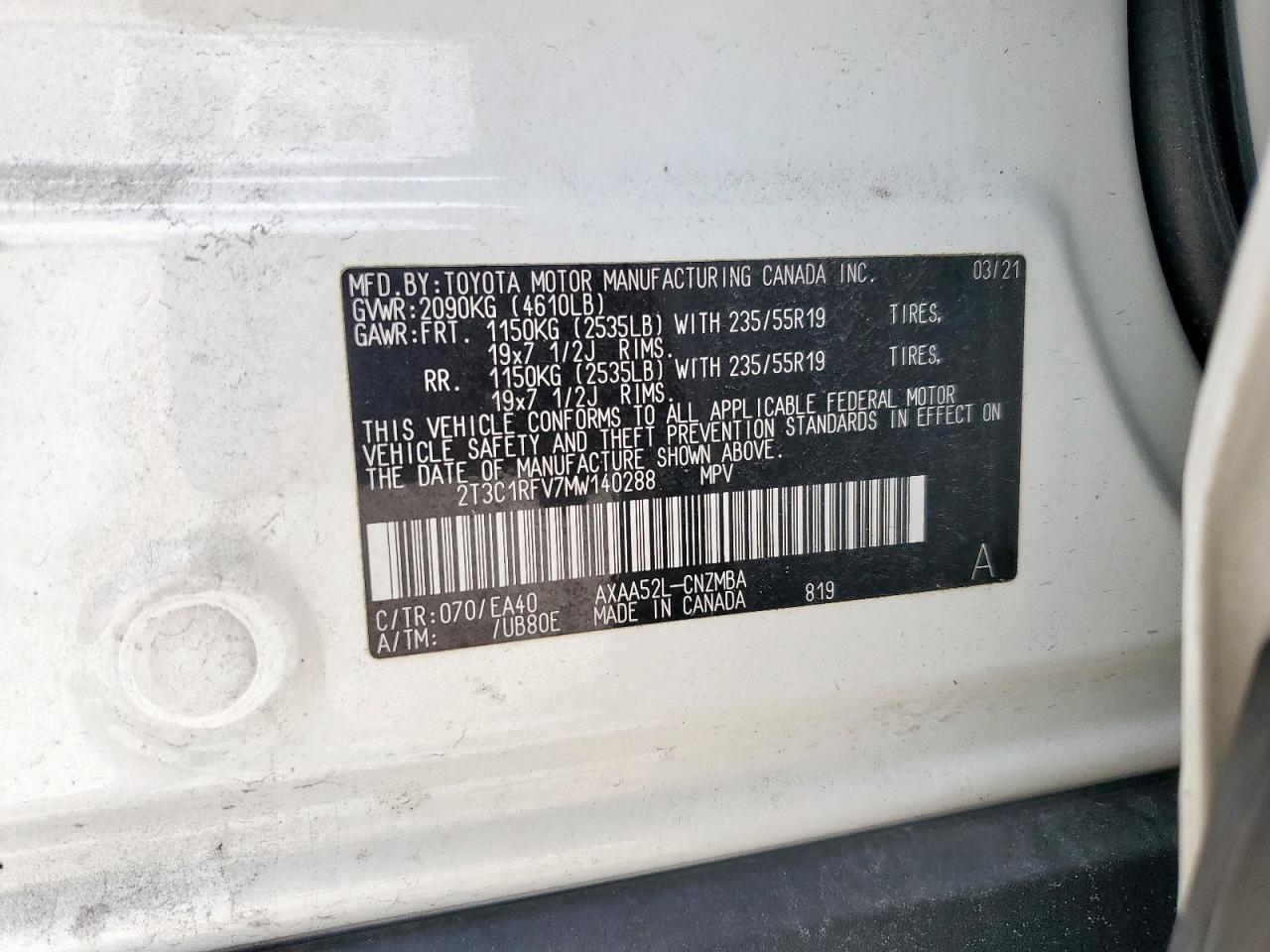 2021 Toyota Rav4 Xle Premium VIN: 2T3C1RFV7MW140288 Lot: 64054665