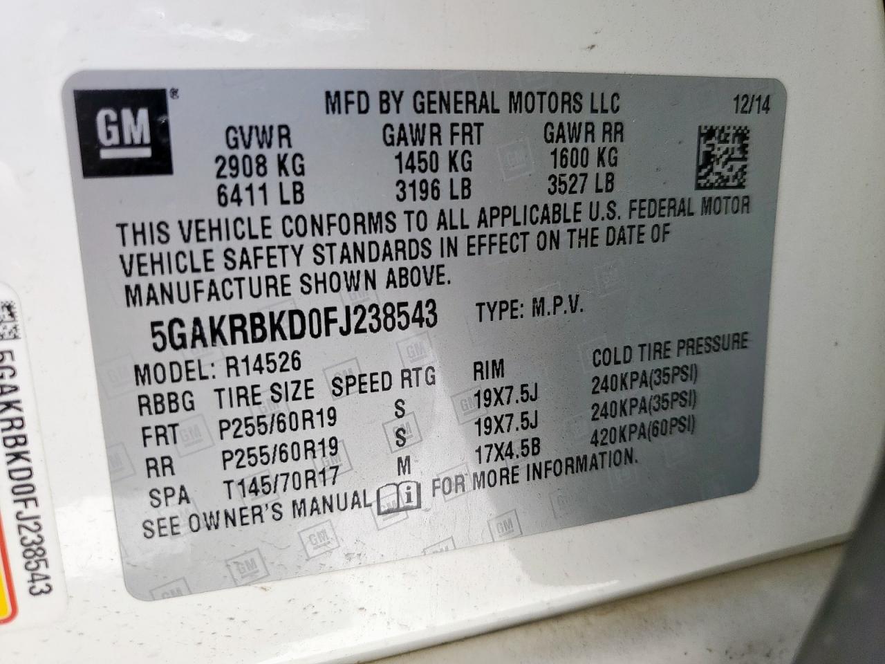 2015 Buick Enclave VIN: 5GAKRBKD0FJ238543 Lot: 65031755