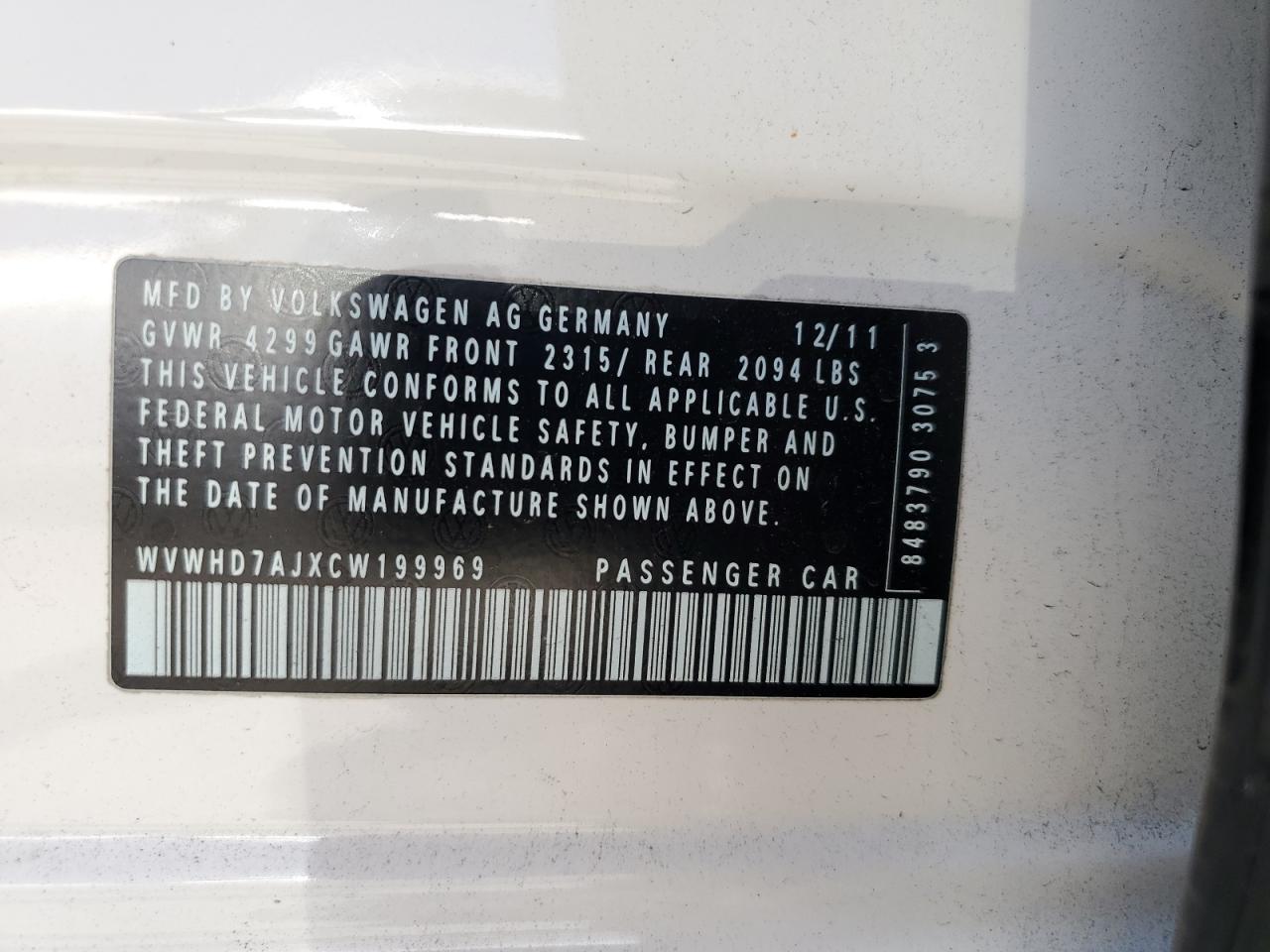 2012 Volkswagen Gti VIN: WVWHD7AJXCW199969 Lot: 64516535