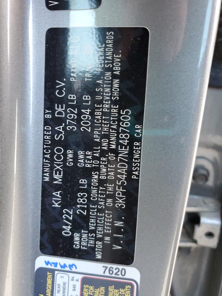 2022 Kia Forte Gt Line VIN: 3KPF54AD7NE487605 Lot: 64124855