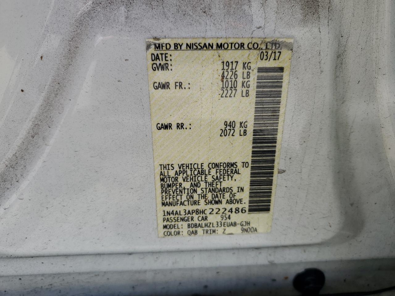 2017 Nissan Altima 2.5 VIN: 1N4AL3AP8HC222486 Lot: 65258335