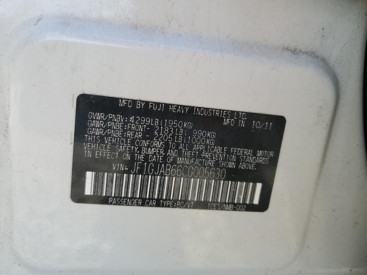 2012 Subaru Impreza Premium VIN: JF1GJAB66CG005630 Lot: 63464355