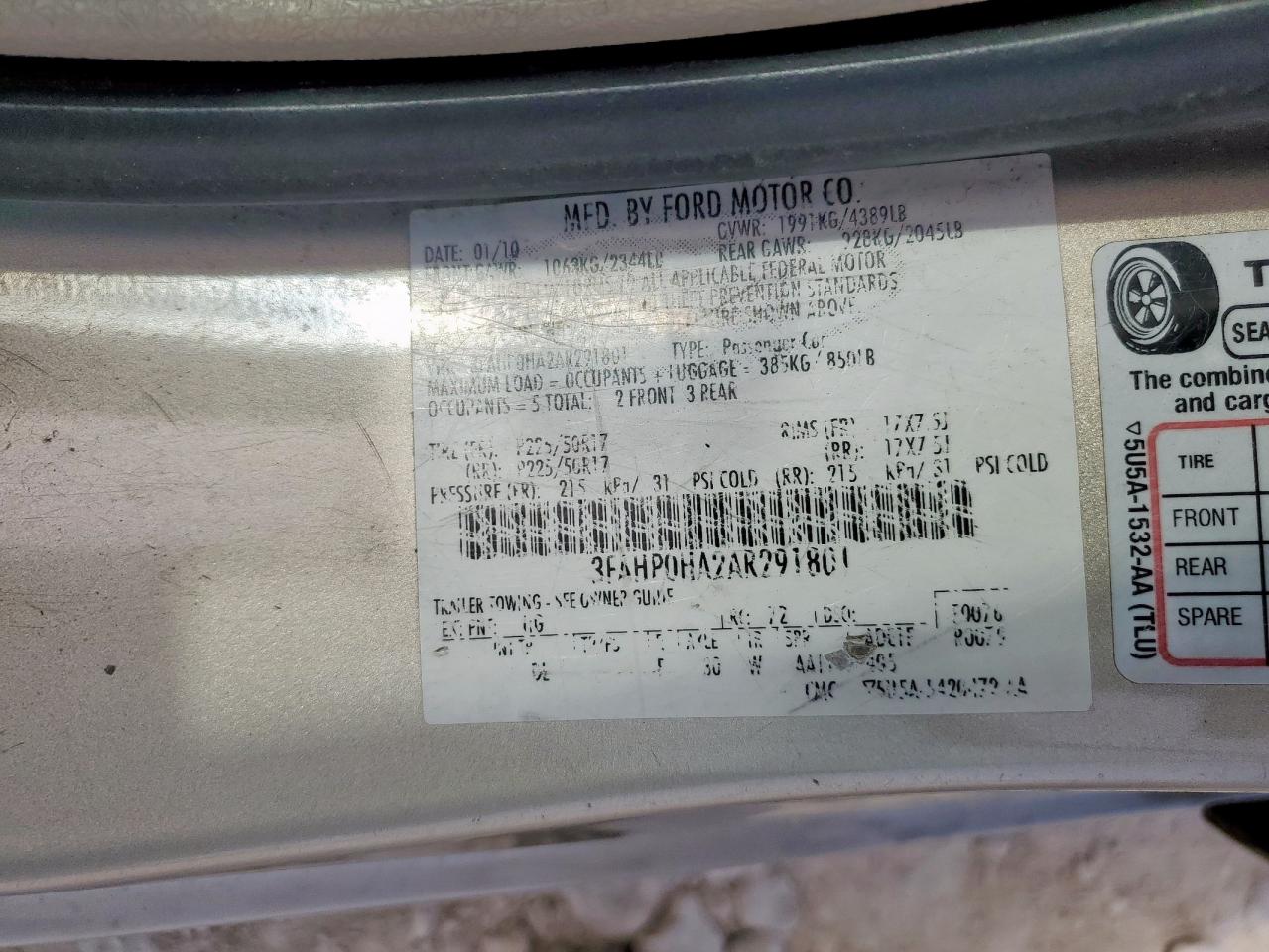 2010 Ford Fusion Se VIN: 3FAHP0HA2AR291801 Lot: 65161595